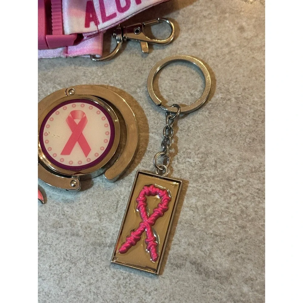 Breast Cancer Awareness Bundle Lanyard Purse Hanger and Keychains Pink Ribbon
